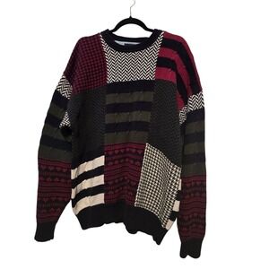 Vtg Y2K Woods Gray 3D Sweater Mens LG‎ Tall Patchwork Cable Knit Grandpa Cosby
